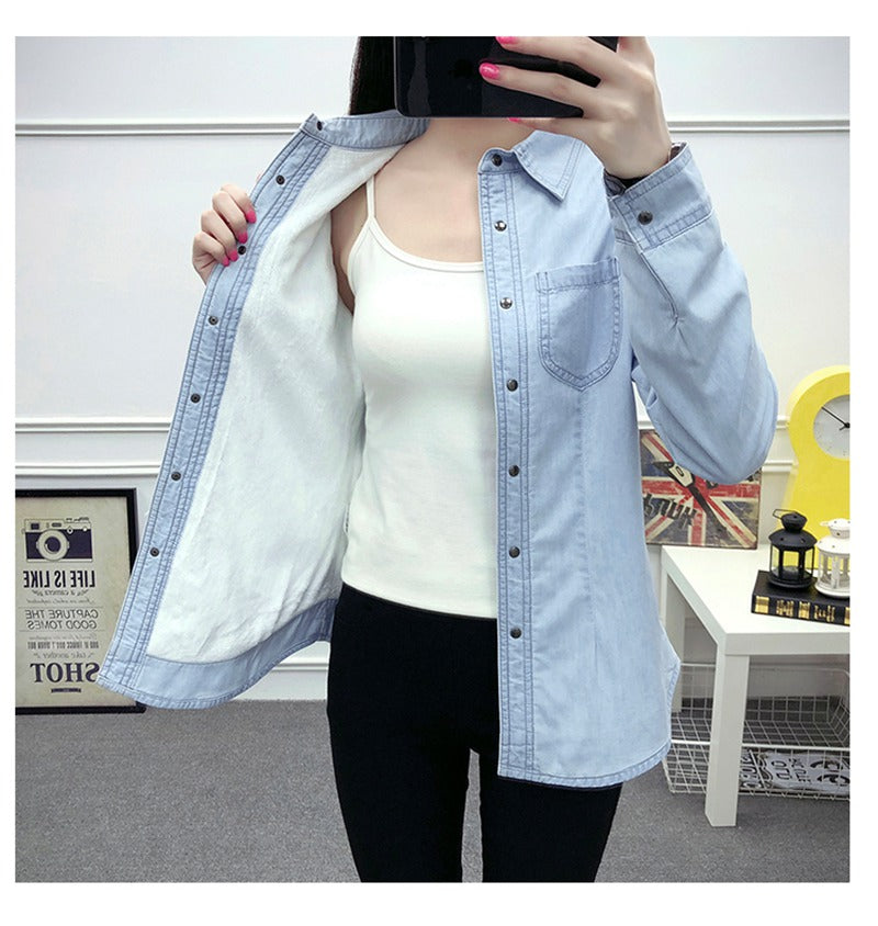 Fashionable warm Plush denim shirt long sleeve coat