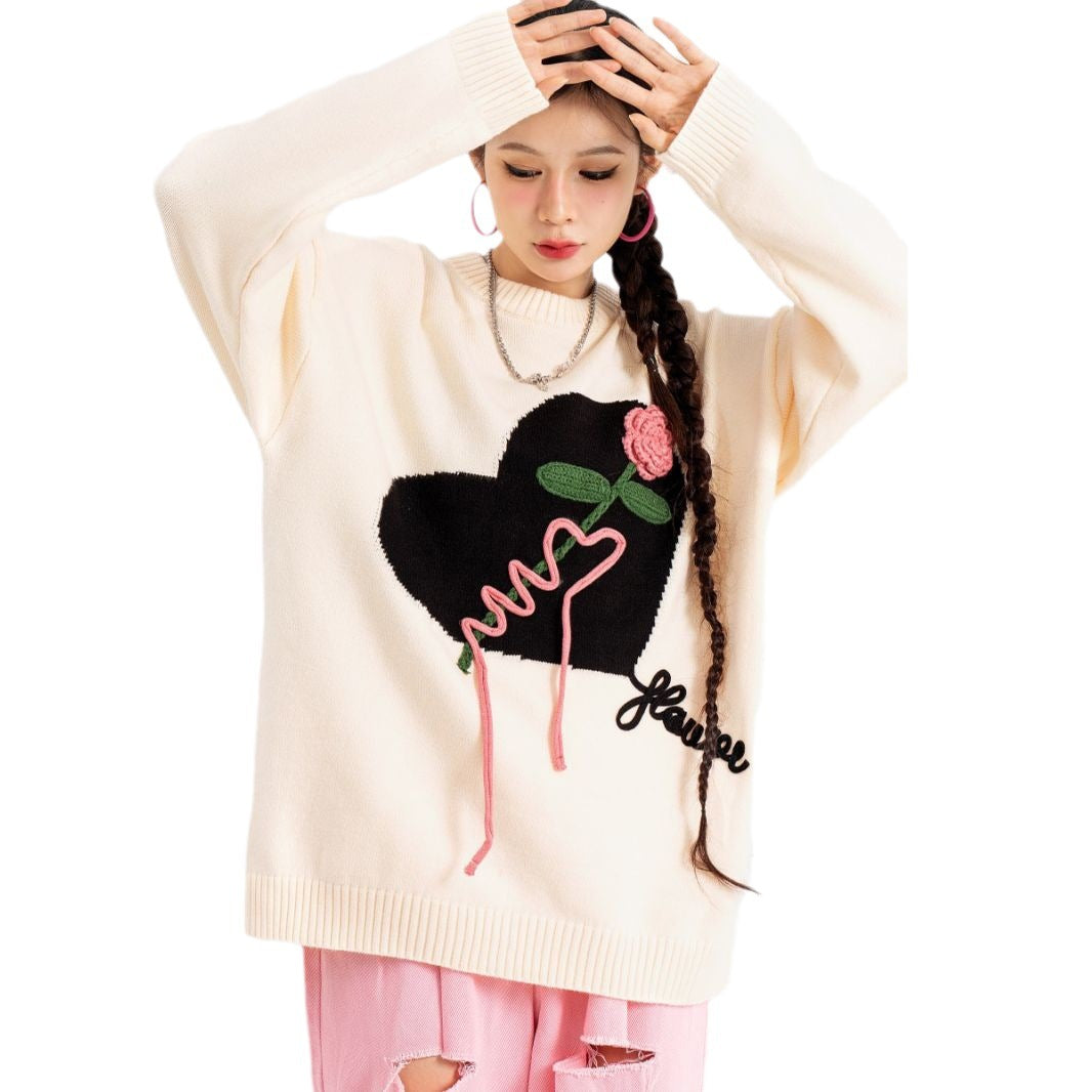 Heart-shaped Knitted Crocheted Crew Neck Casual Sweater