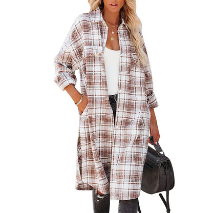 Women's Printed Checks Mid-length Shirt Coat