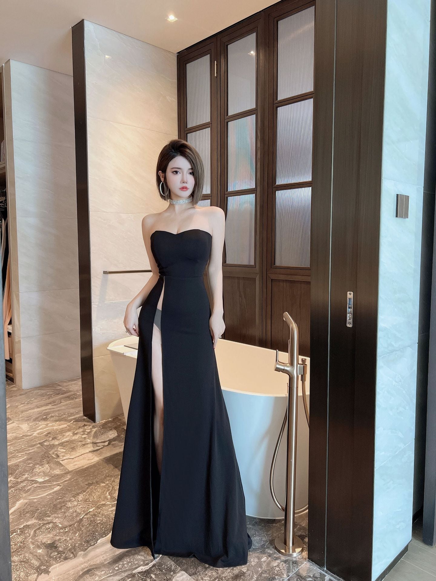 New Graceful Tube Top Long Dress Slim Fit Slimming Banquet Car Model Dress High Slit Leg-exposed Dress