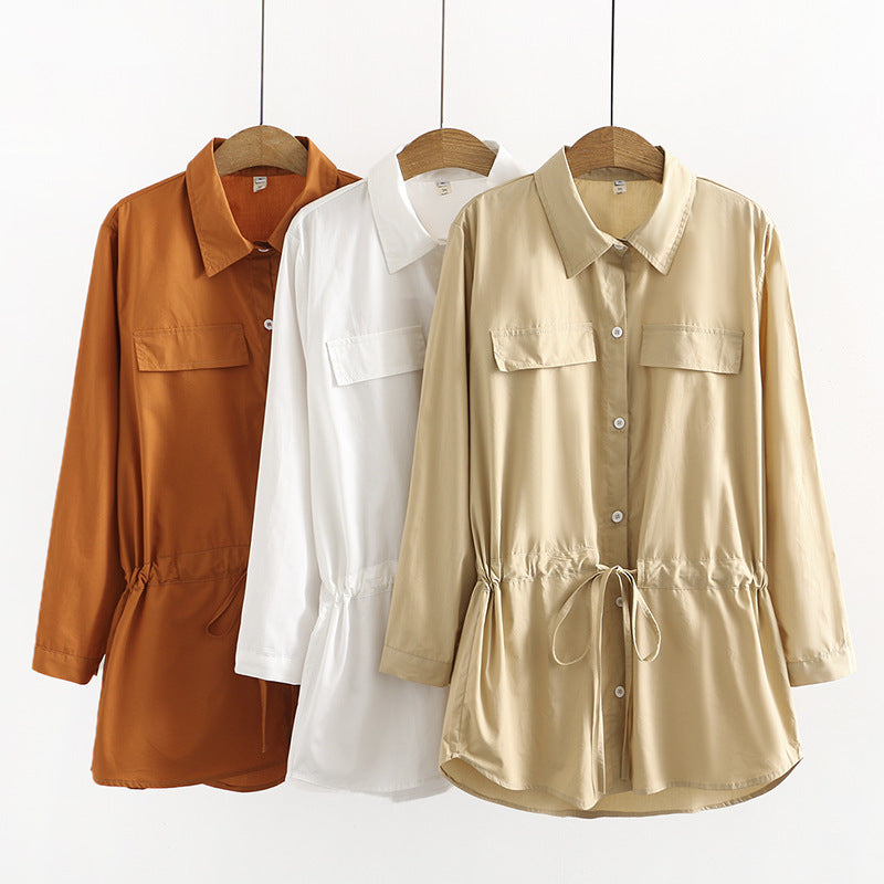 Mid-length Drawstring Waist Shirt Jacket Shirt Cardigan