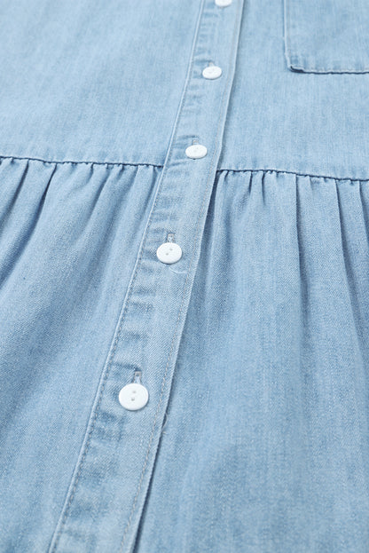 Sky Blue Ruffled Denim Full Buttoned Midi Dress