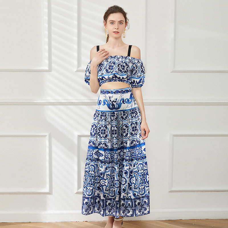 Summer Boat Neck Off-the-shoulder Short Tube Top High Waist Long Skirt Two-piece Set Fashion Suit