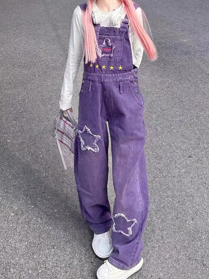 Purple Denim Suspender Pants Women's Retro High Waist