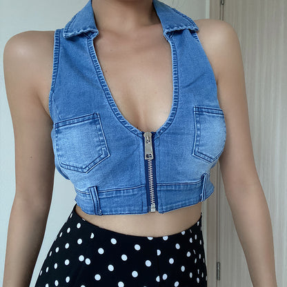 Top sin mangas con cremallera y bolsillo desgastado vintage con cuello en V profundo