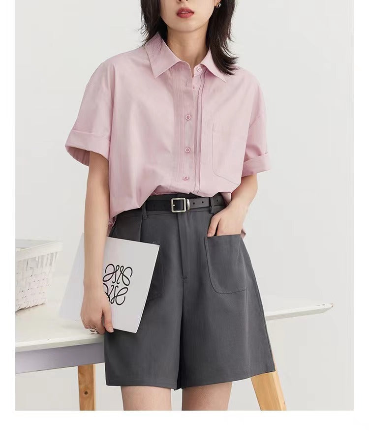 Neutral Casual Loose Double-row Stacked Placket Short Sleeve Shirt