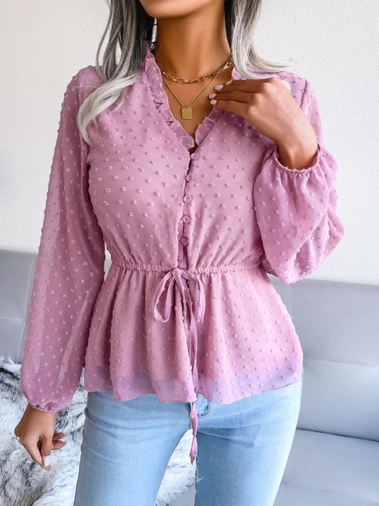 Blusa peplum con cordón en la cintura y ribete de volantes de lunares suizos