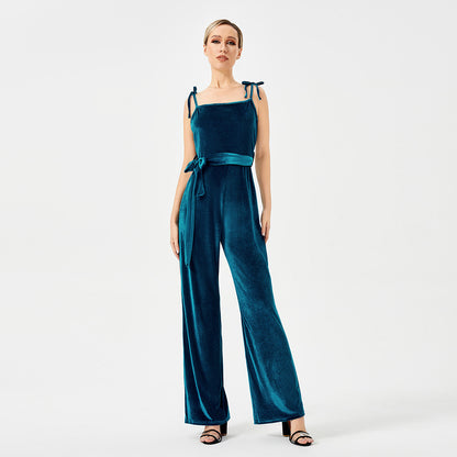 Women's New Halter Tie Velvet Jumpsuit