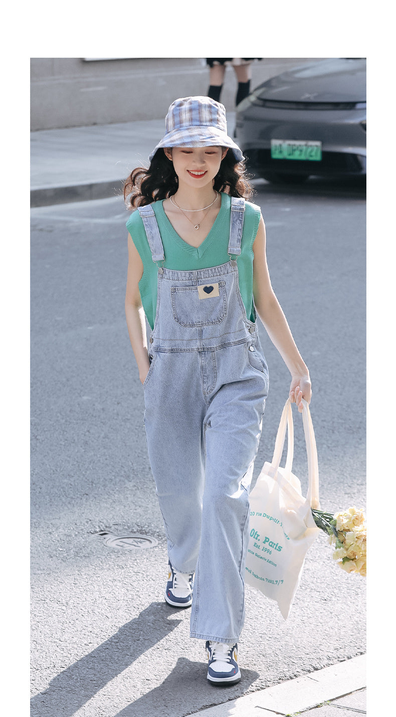 Design Sense Niche High Waist Slim Denim Suspenders Trousers