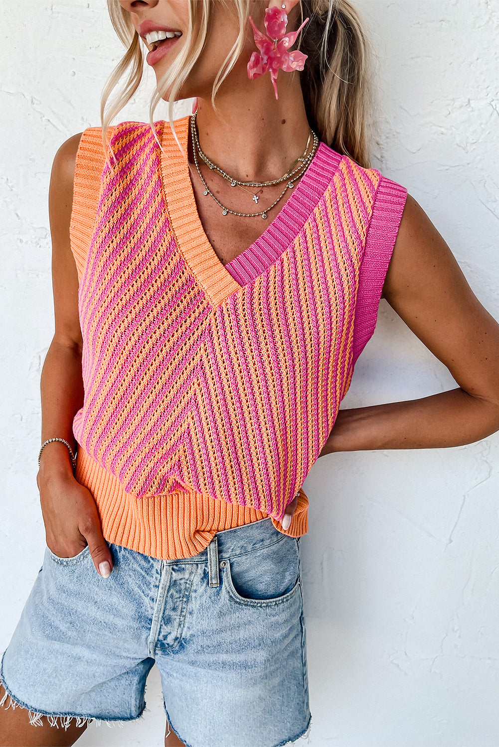 Strawberry Pink Contrast Chevron Knit V Neck Sweater Vest