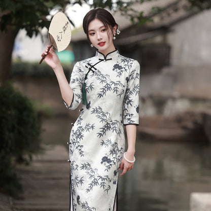 Women's Chinese Suede Printed High-end Elegant Graceful Slimming Daily Cheongsam Dress