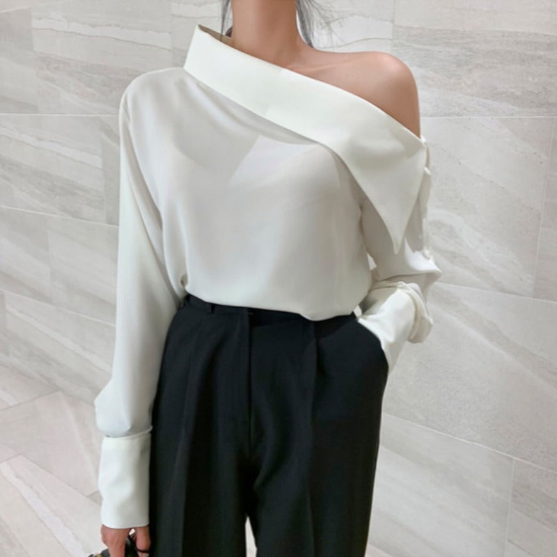 Women's Oblique Side Off-Shoulder Long-Sleeved Shirt