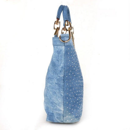 Fashion Women's V-shaped Diamond Flower Denim Bag