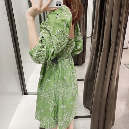 Square Neck Hollow Embroidered Dress