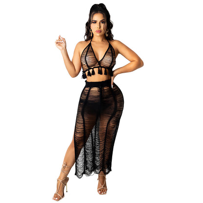 See-through Tassel Knitted Beach Skirt Suit