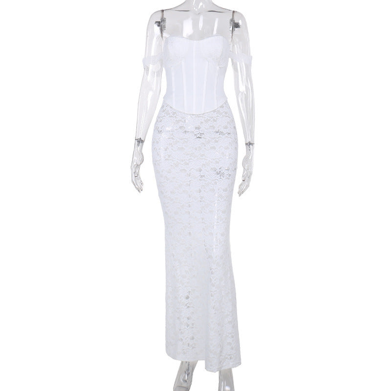 Elegant Pure Want Tube Top Lace Stitching Hollow Jacquard Micro Transparent Fishbone Waist Skirt Suit