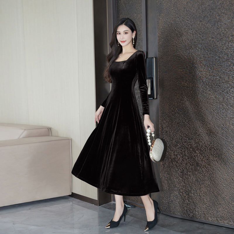 Women's Elegant Temperament Square Collar High-end Velvet Slim Fit Long Sleeve Dress