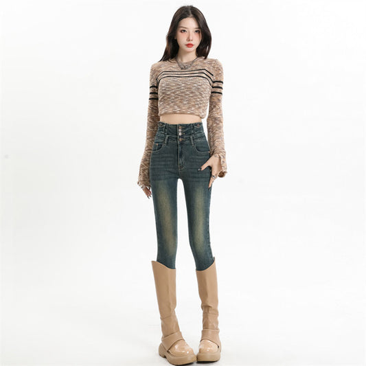 Retro Denim Skinny Pants Women's High Waist Slim Fit