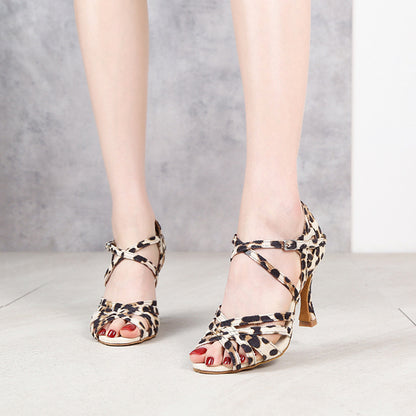 Zapatos de baile latino con estampado de leopardo para mujer, tacón de aguja, suela suave