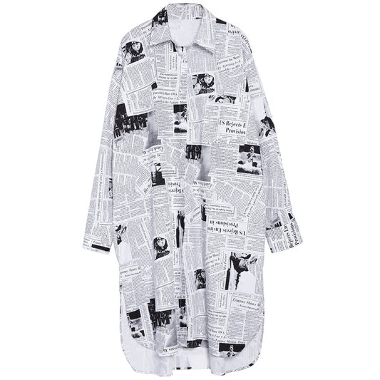 Loose Medium Length Newspaper Printed Shirt