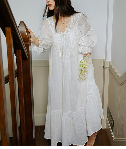 Robes de matin pour femmes, robe pyjama en coton à manches longues en dentelle, printemps et automne