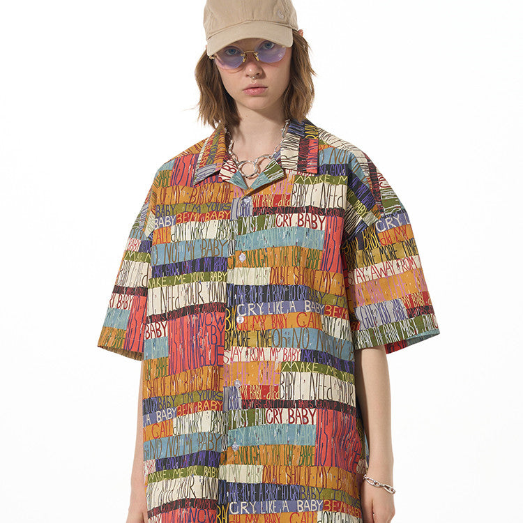 Casual Loose Letter Print Color Block Short Sleeve Shirt