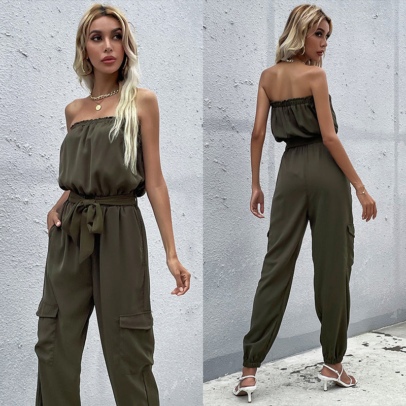 Women's New Green One-piece Collar Jumpsuit