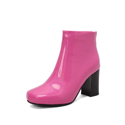 Botas de tobillo de color sólido para mujer Charol Tacón alto Moda