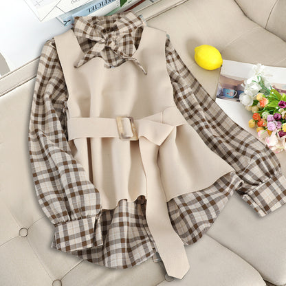 Top + lace-up woolen pullover vest suit