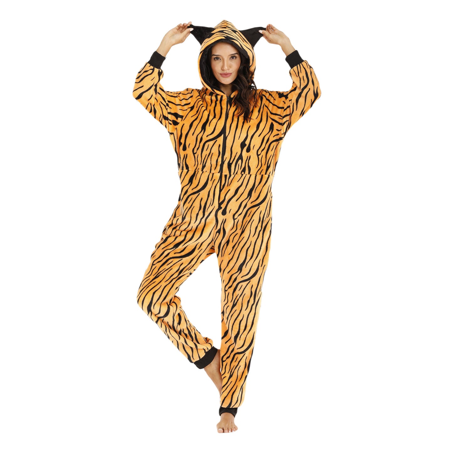 Leopard Print Hooded Ear Animal Halloween Jumpsuit