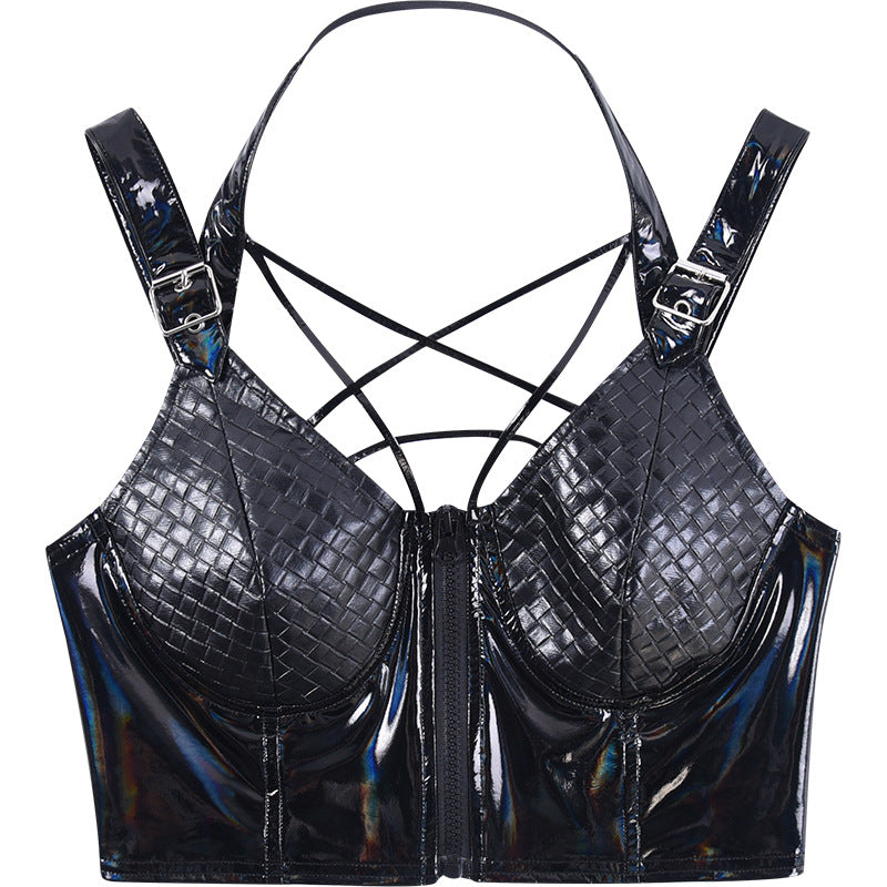 Women's Beautiful Back Top With Deep V Zipper Suspenders