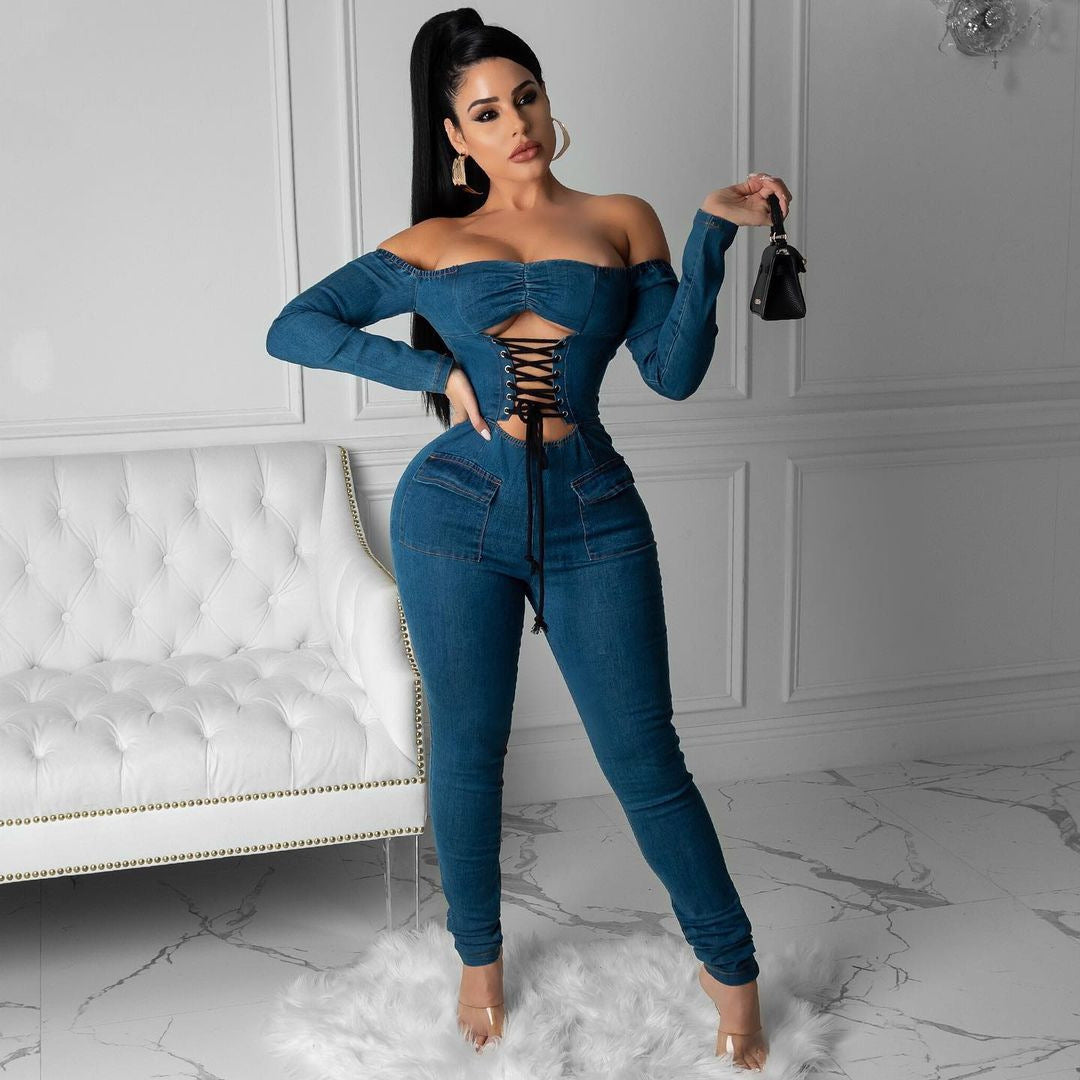 Women's One-piece Shoulder Strap Denim Jumpsuit