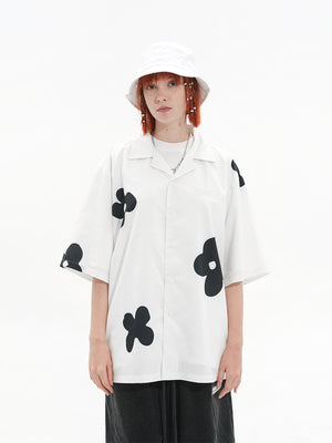 Hand-painted Silhouette Floret Cuban Collar Short-sleeved Shirt