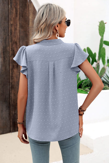 Swiss Dot Flutter Sleeve Notched Neck Blouse