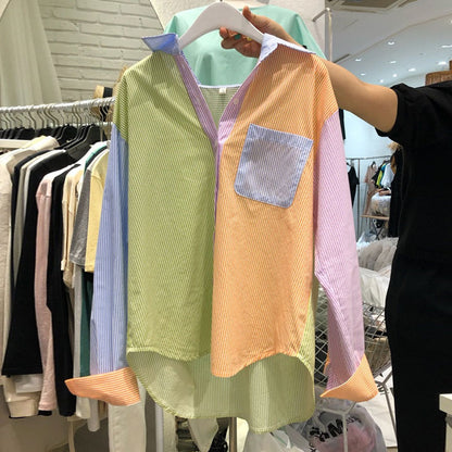 Chemise à manches longues rayée avec coutures de couleur contrastée pour femmes