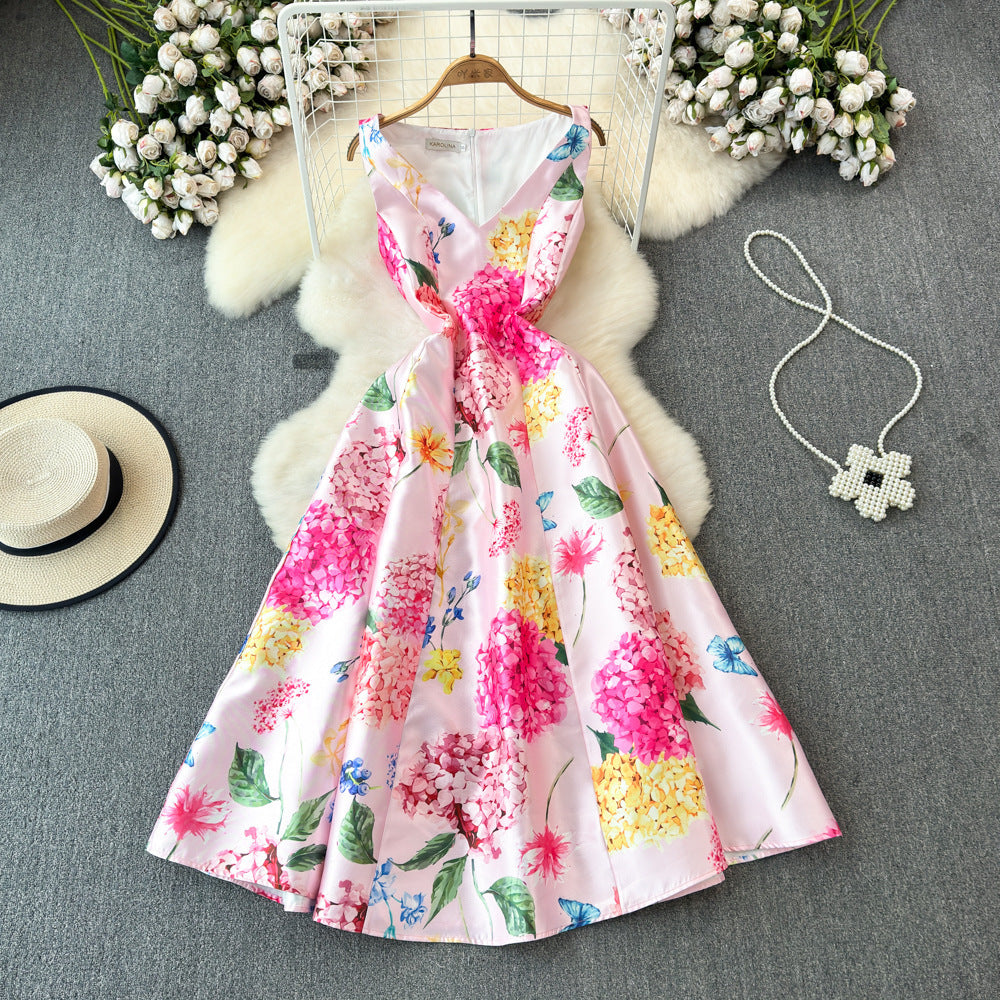 High-grade Socialite Elegance Sleeveless V-neck Waist-controlled Cutting Printing Formal Swing Dress