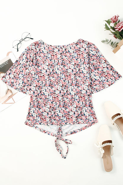 Floral Flutter Sleeve Drawstring Cropped Blouse