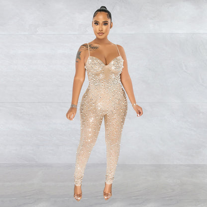 Women's Wear Pure Color Mesh Rhinestone Sleeveless Trousers Jumpsuit