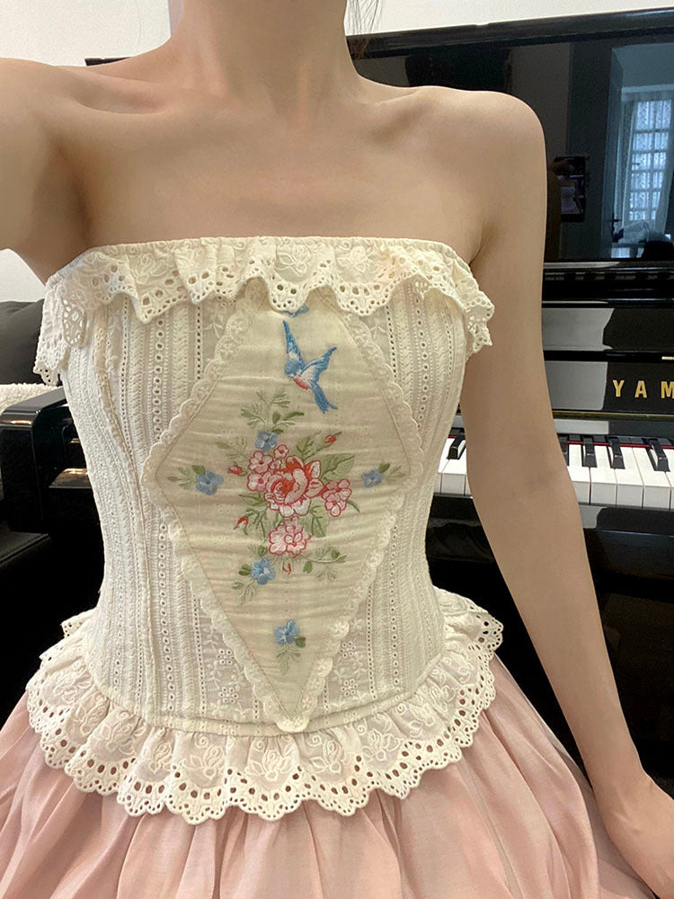 Bustier tubulaire sexy avec broderie personnalisée pastorale rétro, corset en os de poisson