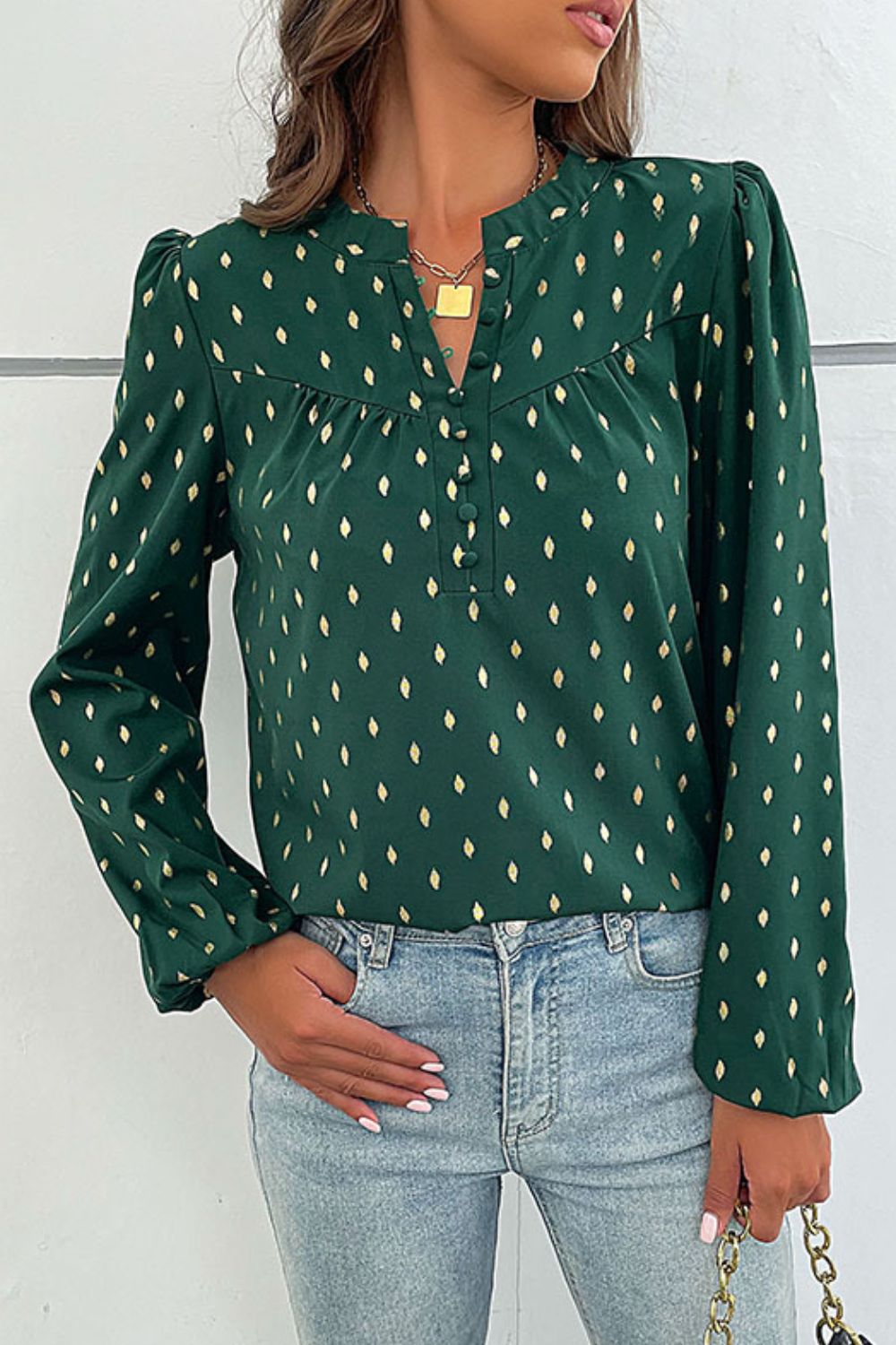 Blouse boutonnée imprimée à manches bouffantes