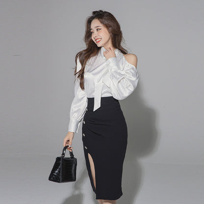 Silk Texture Fashion Loose Shirt Top High Waist Slim Hip Skirt