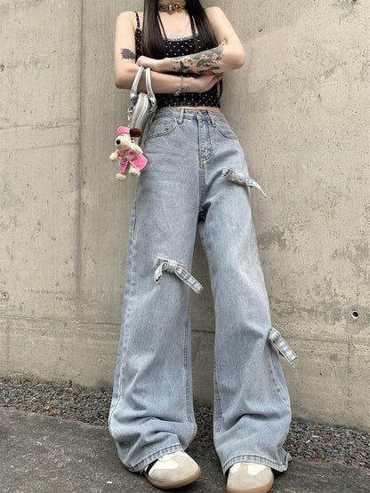 Bow High Waist Loose Straight Wide Leg Mop Pants