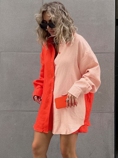 Women's Fashion Casual Contrast Color Long Sleeve Shirt Shorts Suit