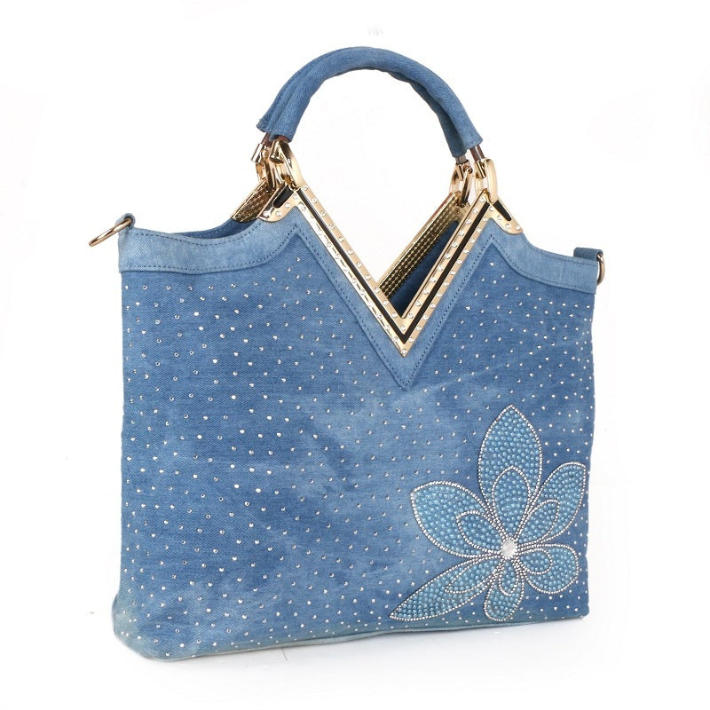 Fashion Women's V-shaped Diamond Flower Denim Bag