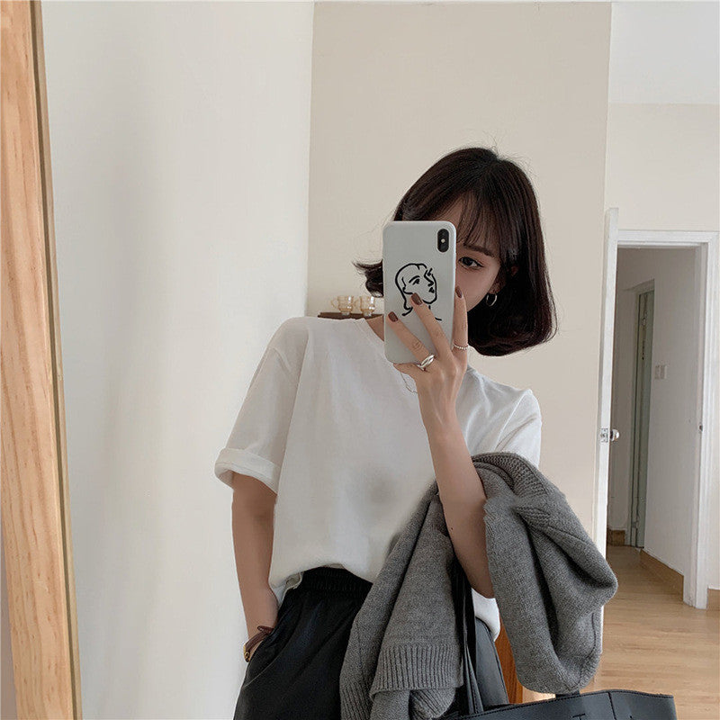 White round neck short sleeve curled bottoming shirt