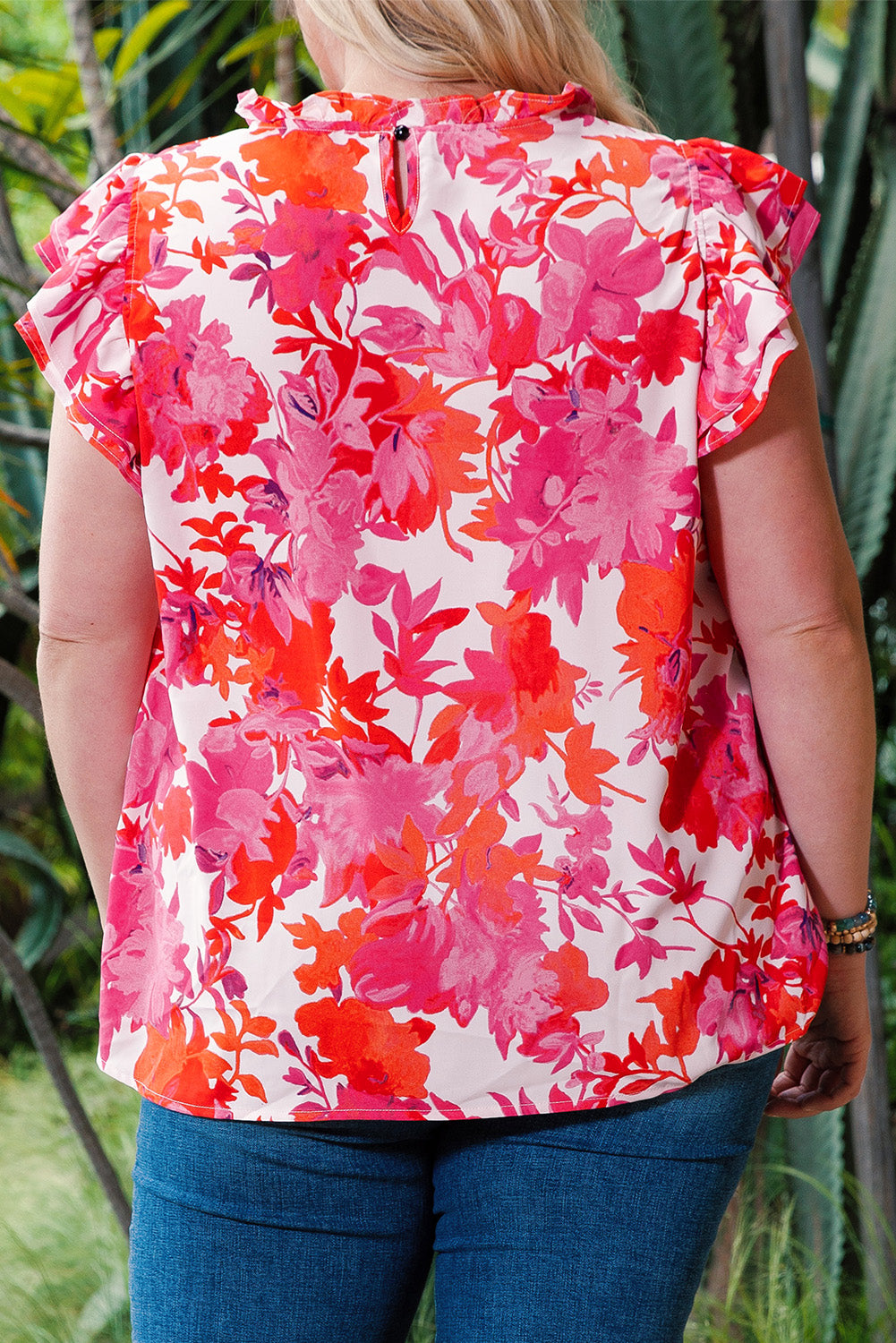 Blusa con cuello redondo y manga acampanada floral de talla grande