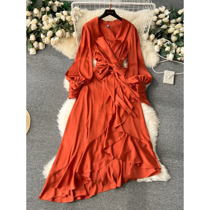 Long Sleeve Lace-up Waist Trimming Ruffles Irregular Suit Skirt Dress