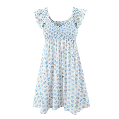 Robe ample élastique à petites fleurs bleues, Style vacances françaises