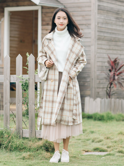 Plaid Beige Lapel Over-The-Knee Woolen Korean Style Coat