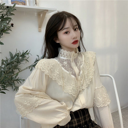 French Vintage Lace Shirt Long Sleeve Half High Collar Top